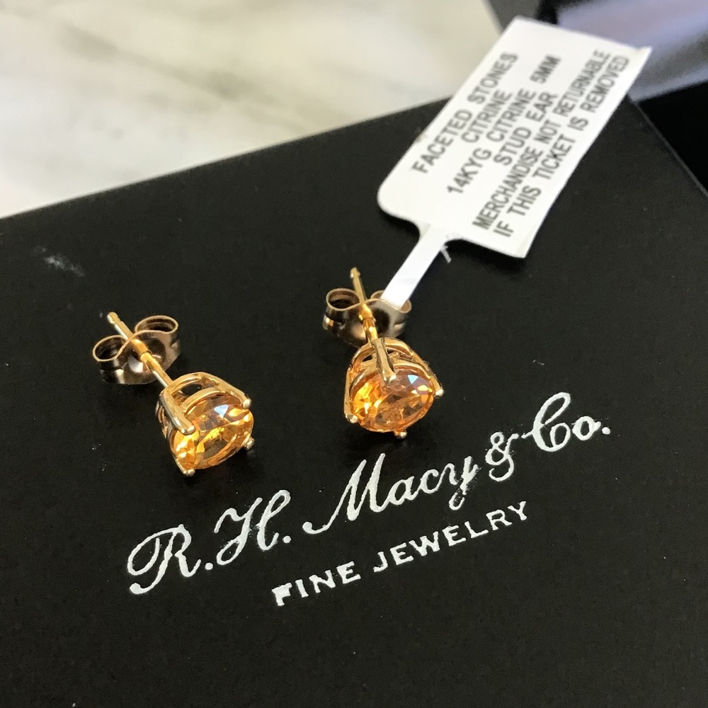 14K Yellow Gold & Genuine Citrine 5mm Stud Earrings November Birthstone NWT